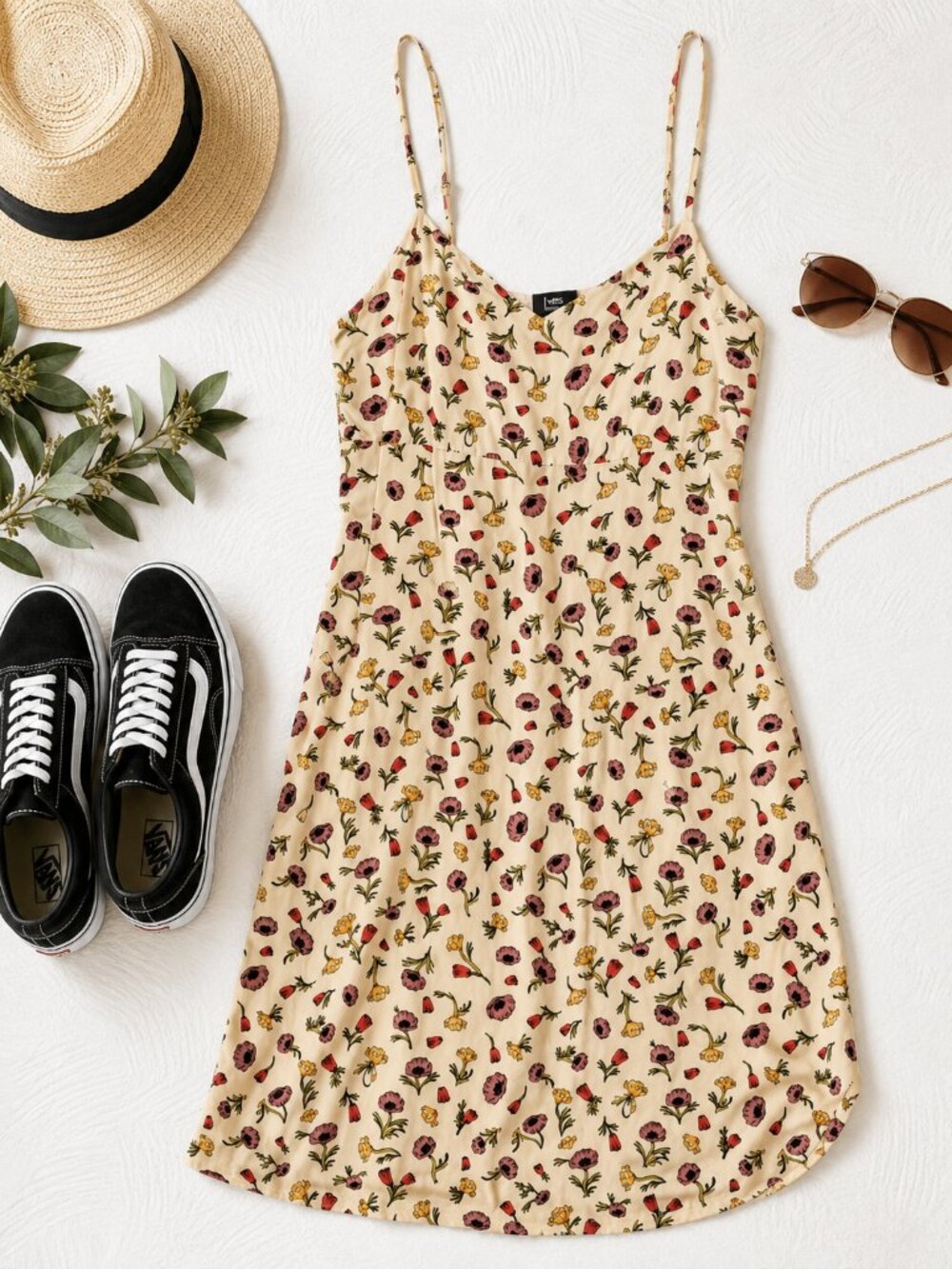 Vans Floral Slip Dress Small Cream Mini Spaghetti Strap Cottagecore